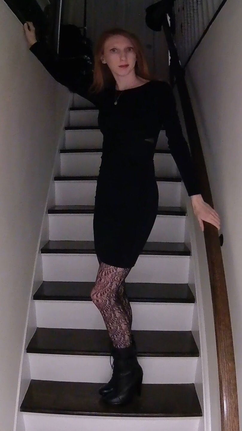 little black dress, lace tights, burberry boots